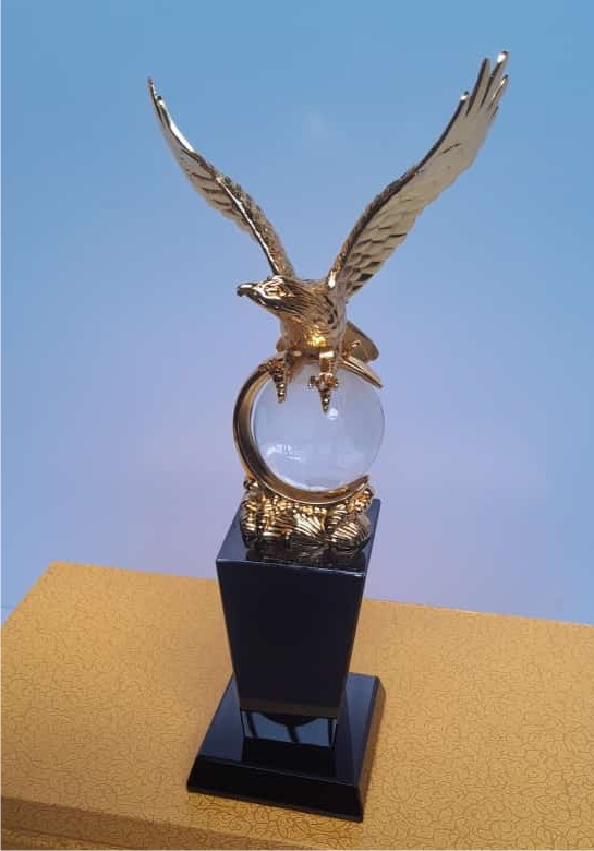 Shiny gold award trophy with black base and custom branding